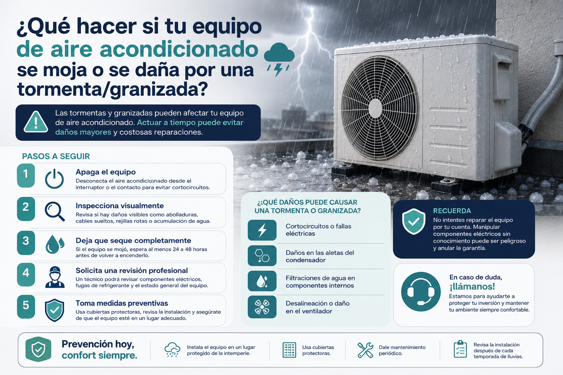 Qué hacer si tu equipo de aire acondicionado se moja o se daña por una tormenta/granizada